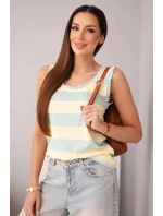Dámská viskózová bezrukávová blůza v barevných pruzích tmavě mátová + žlutá