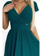 425-6 MATILDE Šaty s výstřihem a krátkými rukávy - ZELENÉ se třpytkami 425-6 MATILDE Šaty s výstřihem a krátkými rukávy - ZELENÉ se třpytkami