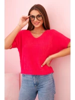 Dámský svetr z měkkého chloupku s V výstřihem krátký rukáv fuchsie