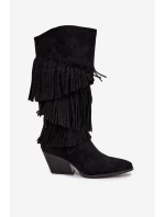 Vyhřívané Kůže Boty Kovbojky Dámské S Fringing Černé Brivina