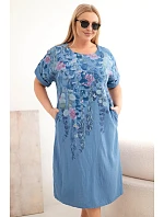 Dámské viskózové šaty Plus Size s krátkým rukávem a rozparky po stranách džínové