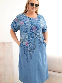 Dámské viskózové šaty Plus Size s krátkým rukávem a rozparky po stranách džínové