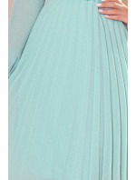 ISABELLE - Dámské plisované šaty v mátové barvě s výstřihem a dlouhými rukávy 313-12