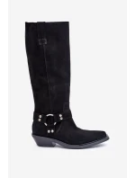 Semišové Kozačky Kovbojky Na Nízkém Podpatku S Dekorací Zazoo 3656 Černé