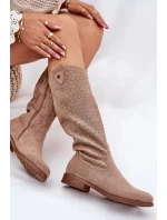 Dámské kozačky na nízkém podpatku s perforovaným vzorem S.Barski – béžové, eko kůže