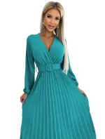 504-6 VIVIANA Plisované midi šaty se srdíčkovým výstřihem, dlouhými rukávy a širokým páskem - barva MARINE