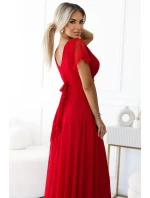 562-7 NASTIA Dlouhé šaty s výstřihem a krátkými rukávy - ČERVENÉ