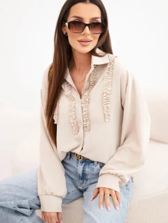 Dámská košile z viskózy s dlouhým rukávem a volánky béžová