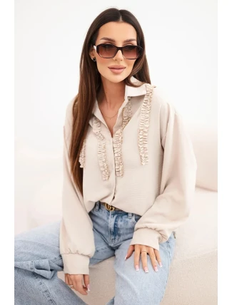 Dámská košile z viskózy s dlouhým rukávem a volánky béžová