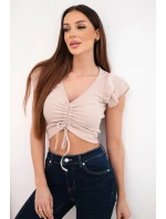 Dámská žebrovaná pruhovaná halenka na ramínkách s volánkem béžová