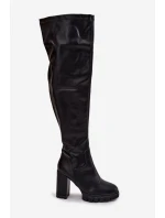 Dámské kozačky nad koleno na podpatku eko kůže černé Tahlina
