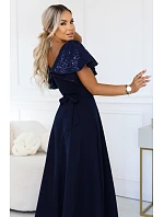 694-4 MIRELLA Elegantní maxišaty s rozšiřujícím se střihem a flitrovými rukávy – tmavě modré 694-4 MIRELLA Elegantní maxišaty s rozšiřujícím se střihem a flitrovými rukávy – tmavě modré