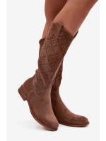 Dámské prolamované kozačky na plochém podpatku S.Barski – hnědé