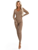 619-1 Pohodlný a elegantní žebrovaný dámský overal s výstřihem - moka pěna 619-1 Pohodlný a elegantní žebrovaný dámský overal s výstřihem - moka pěna