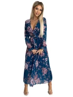 519-3 Plisované šifonové dlouhé šaty s výstřihem, dlouhými rukávy a páskem - MODRÉ s květy 519-3 Plisované šifonové dlouhé šaty s výstřihem, dlouhými rukávy a páskem - MODRÉ s květy