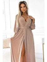 536-2 FIORELLA Dlouhé šaty s širokým páskem a výstřihem - BEACH