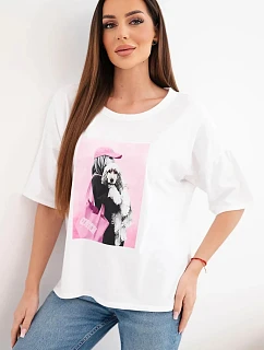 Dámská bavlněná oversize halenka s krátkým rukávem a módním potiskem bílá