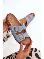 Dámské pantofle na korkové platformě s přezkami – světlý denim