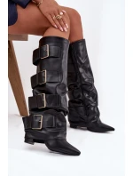 Dámské kozačky na podpatku s vyhrnutou holení a zlatými přezkami Isavelle – černé