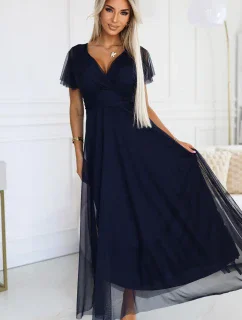 562-1 NASTIA Dlouhé šaty s výstřihem a krátkými rukávy - ZELENÉ