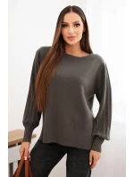 Dámský viskózový svetr s dlouhým rukávem a rozparkem po stranách khaki