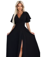 581-7 JENNIFER dlouhé šaty s rozparkem na nohou, rukávy a výstřihem - černé