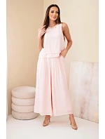 Dámský komplet z viskózy s tílkem bez rukávů a širokými kalhotami s ozdobným zakončením pudrově růžová Dámský komplet z viskózy s tílkem bez rukávů a širokými kalhotami s ozdobným zakončením pudrově růžová