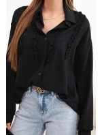 Dámská viskózová košile s dlouhým rukávem a volánky černá
