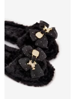 Kožešinové dámské pantofle s mašlí a zlatým zdobením Černé Nolara