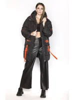 Černá péřová dámská bunda s ozdobnými páskami (AG2-J85)