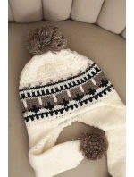 Dámská zimní vlněná čepice s ušima a pompony K436 ecru