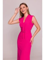 S410 Šaty áčkového střihu s vázáním a výstřihem do V - růžové