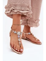 Dámské sandály na plochém podpatku s krystaly růžové zlato Fiolalia