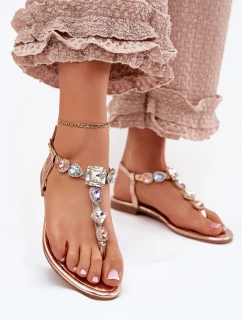 Dámské sandály na plochém podpatku s krystaly růžové zlato Fiolalia
