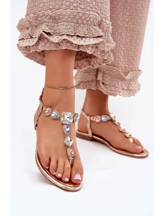 Dámské sandály na plochém podpatku s krystaly růžové zlato Fiolalia