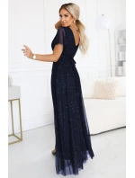 635-3 MELANIA dlouhé lesklé šaty s výstřihem a krátkými rukávy - tmavě modré 635-3 MELANIA dlouhé lesklé šaty s výstřihem a krátkými rukávy - tmavě modré
