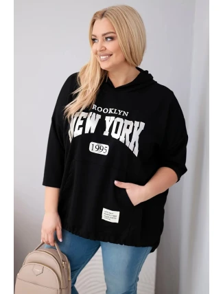 Dámská mikina Plus Size z viskózy s kapucí a klokaní kapsou černá