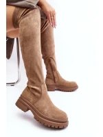 Dámské kozačky nad koleno na ploché podrážce béžové Silune Dámské kozačky nad koleno na ploché podrážce béžové Silune