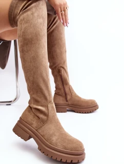 Dámské kozačky nad koleno na ploché podrážce béžové Silune