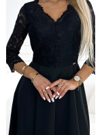 AMBER elegantní krajkové dlouhé šaty s výstřihem a rozparkem na nohavicích - černé
