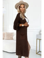 627-2 Cardigan - svetr dlouhý s kapsami - čokoládová barva