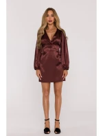 M888 Saténové mini šaty s nadýchanými rukávy - hnědé