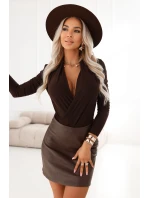 375-10 Dámské stylové BODY s obálkovým výstřihem - čokoládové
