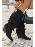 Vyhřívané Kůže Boty Kovbojky Dámské S Fringing Černé Brivina