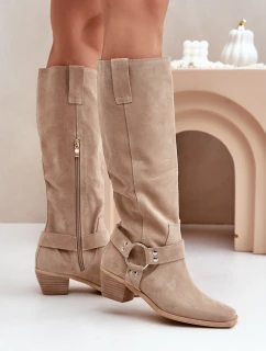 Semišové Čižmy Na Nízkém Podpatku S Návleky Před Kolena Světle Béžové Zazoo 3444/O