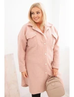 Dámský plášť Plus Size s vlnou na knoflíky s kapsami a límcem pudrově růžový