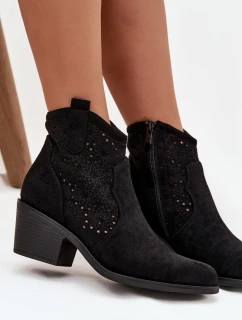 Dámské kotníkové boty s ažurovým vzorem na podpatku S.Barski – černé