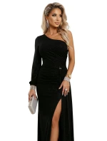 658-1 Třpytivé maxi šaty na jedno rameno s asymetrickými rukávy a rozparkem - černé