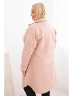 Dámský plášť Plus Size s vlnou na knoflíky s kapsami a límcem pudrově růžový