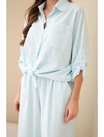 Dámský bavlněný komplet s vázanou košilí a širokými nohavicemi světle mátový